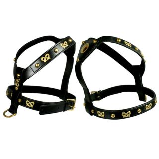 Lined leather harness with fittings and brass decoration, 95cm